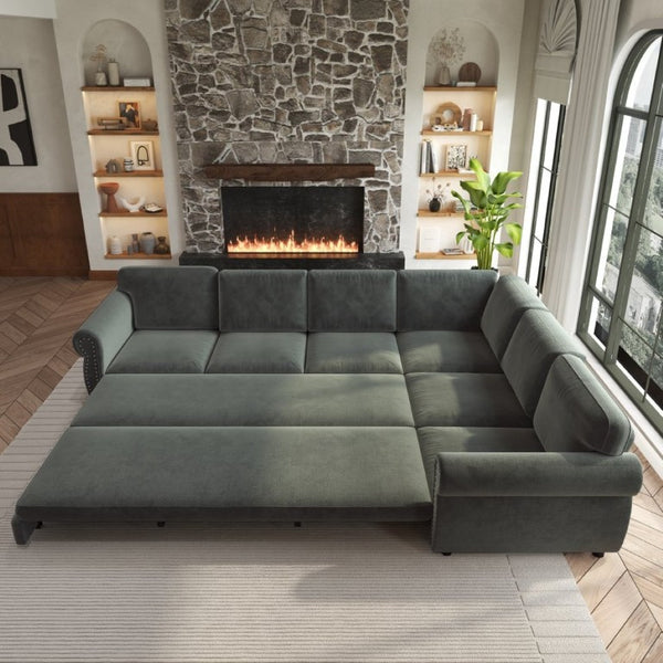 English Elm 118 Inch Chenille Sectional Sleeper Sofa with Nailhead Trim and Rolled Arms for Living Room W1885S00259