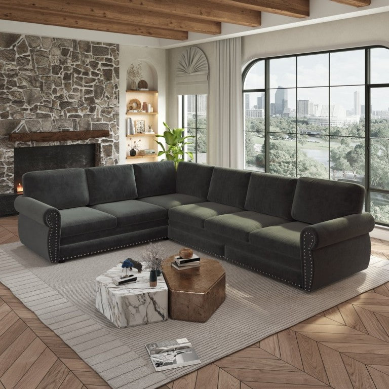 English Elm 118 Inch Chenille Sectional Sleeper Sofa with Nailhead Trim and Rolled Arms for Living Room W1885S00259