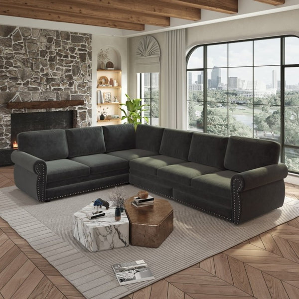 English Elm 118 Inch Chenille Sectional Sleeper Sofa with Nailhead Trim and Rolled Arms for Living Room W1885S00259