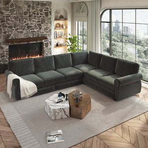 English Elm 118 Inch Chenille Sectional Sleeper Sofa with Nailhead Trim and Rolled Arms for Living Room W1885S00259