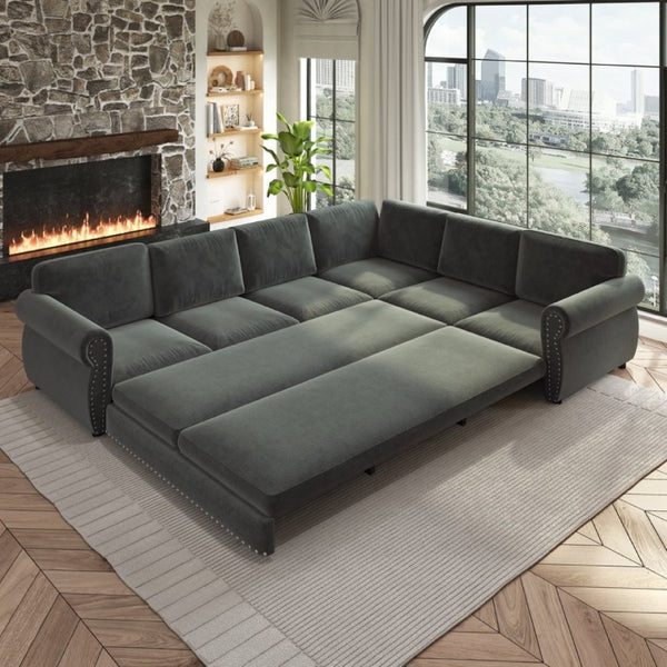 English Elm 118 Inch Chenille Sectional Sleeper Sofa with Nailhead Trim and Rolled Arms for Living Room W1885S00259
