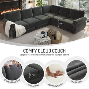 English Elm 118 Inch Chenille Sectional Sleeper Sofa with Nailhead Trim and Rolled Arms for Living Room W1885S00259