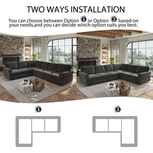 English Elm 118 Inch Chenille Sectional Sleeper Sofa with Nailhead Trim and Rolled Arms for Living Room W1885S00259