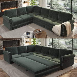 English Elm 118 Inch Chenille Sectional Sleeper Sofa with Nailhead Trim Six Seat Living Room Couch W1885S00260