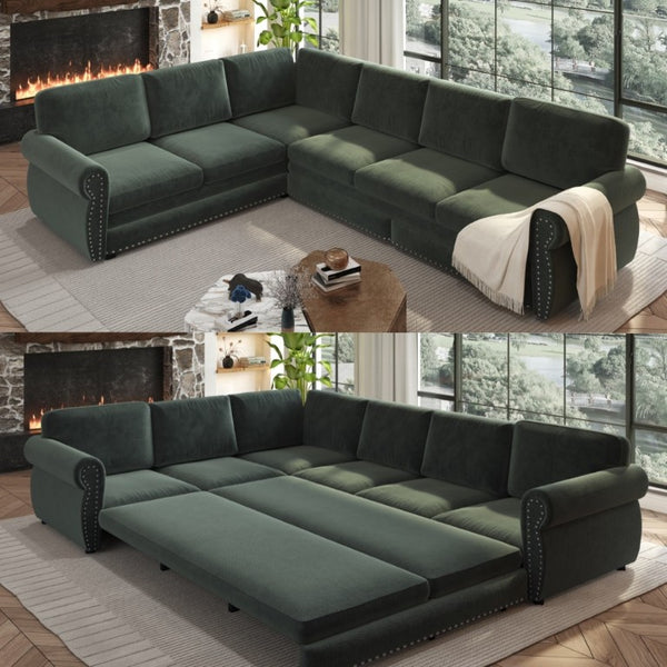 English Elm 118 Inch Chenille Sectional Sleeper Sofa with Nailhead Trim Six Seat Living Room Couch W1885S00260