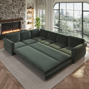 English Elm 118 Inch Chenille Sectional Sleeper Sofa with Nailhead Trim Six Seat Living Room Couch W1885S00260