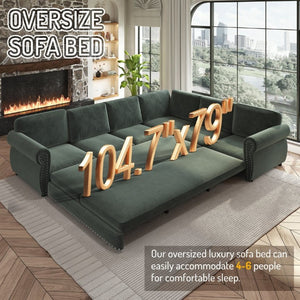English Elm 118 Inch Chenille Sectional Sleeper Sofa with Nailhead Trim Six Seat Living Room Couch W1885S00260