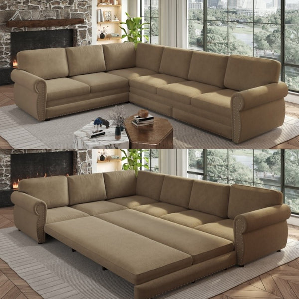 English Elm 118 Inch Chenille Sectional Sleeper Sofa with Nailhead Rolled Arms for Living Room W1885S00261