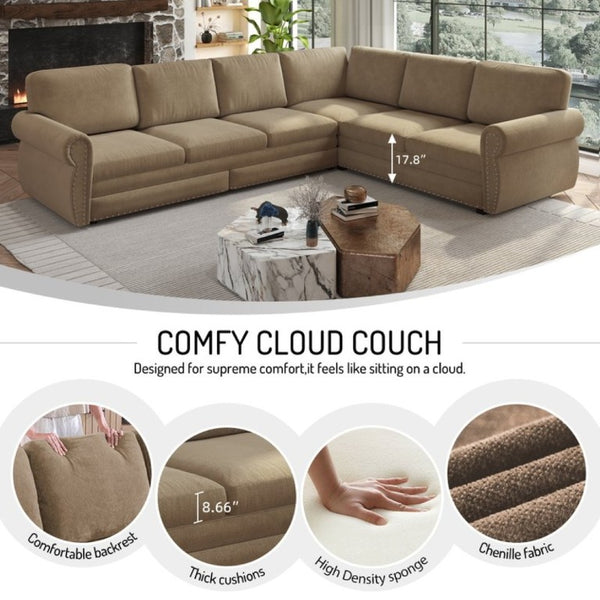 English Elm 118 Inch Chenille Sectional Sleeper Sofa with Nailhead Rolled Arms for Living Room W1885S00261