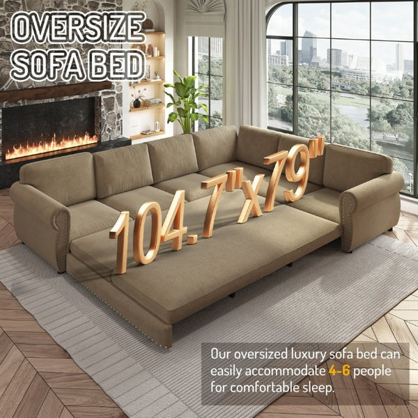 English Elm 118 Inch Chenille Sectional Sleeper Sofa with Nailhead Rolled Arms for Living Room W1885S00261
