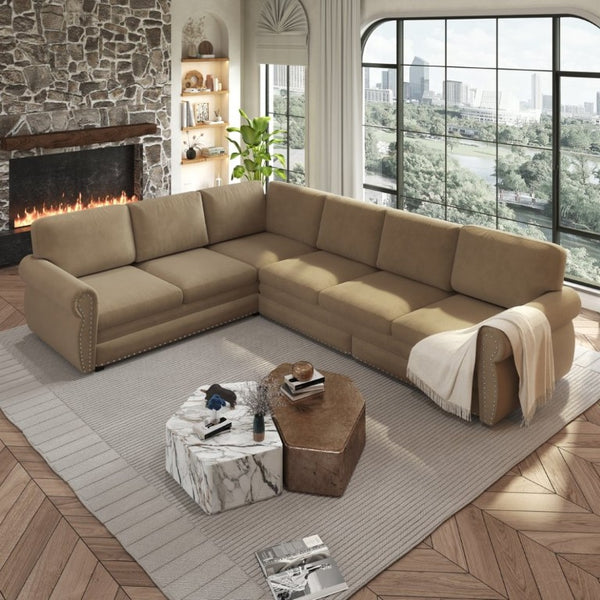English Elm 118 Inch Chenille Sectional Sleeper Sofa with Nailhead Rolled Arms for Living Room W1885S00261