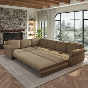 English Elm 118 Inch Chenille Sectional Sleeper Sofa with Nailhead Rolled Arms for Living Room W1885S00261
