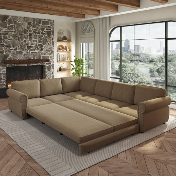 English Elm 118 Inch Chenille Sectional Sleeper Sofa with Nailhead Rolled Arms for Living Room W1885S00261