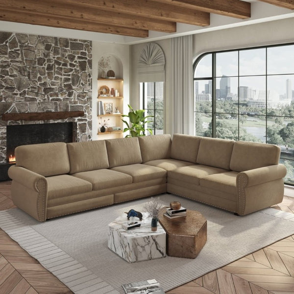 English Elm 118 Inch Chenille Sectional Sleeper Sofa with Nailhead Rolled Arms for Living Room W1885S00261