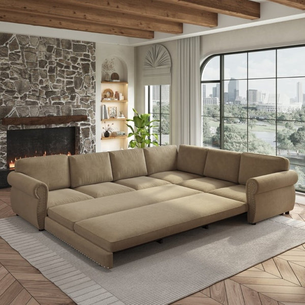 English Elm 118 Inch Chenille Sectional Sleeper Sofa with Nailhead Rolled Arms for Living Room W1885S00261