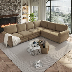 English Elm 118 Inch Chenille Sectional Sleeper Sofa with Nailhead Rolled Arms for Living Room W1885S00261