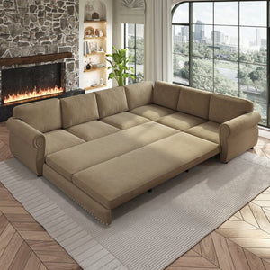 English Elm 118 Inch Chenille Sectional Sleeper Sofa with Nailhead Rolled Arms for Living Room W1885S00261