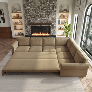English Elm 118 Inch Chenille Sectional Sleeper Sofa with Nailhead Rolled Arms for Living Room W1885S00261