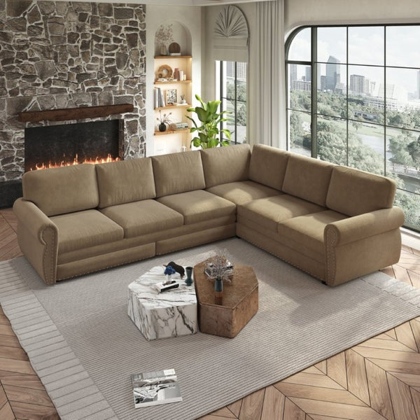 English Elm 118 Inch Chenille Sectional Sleeper Sofa with Nailhead Rolled Arms for Living Room W1885S00261