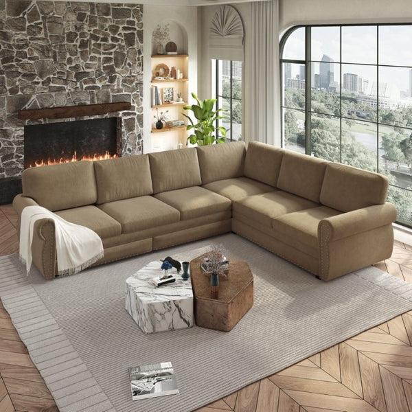 English Elm 118 Inch Chenille Sectional Sleeper Sofa with Nailhead Rolled Arms for Living Room W1885S00261