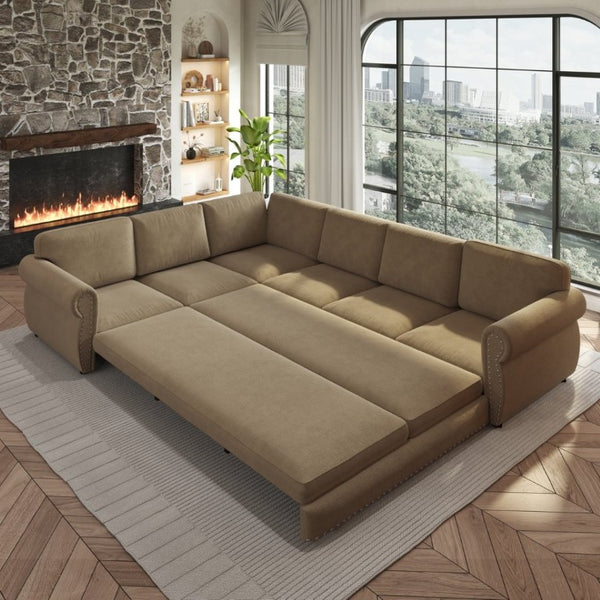 English Elm 118 Inch Chenille Sectional Sleeper Sofa with Nailhead Rolled Arms for Living Room W1885S00261