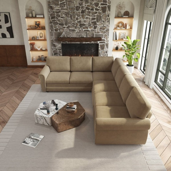 English Elm 118 Inch Chenille Sectional Sleeper Sofa with Nailhead Rolled Arms for Living Room W1885S00261
