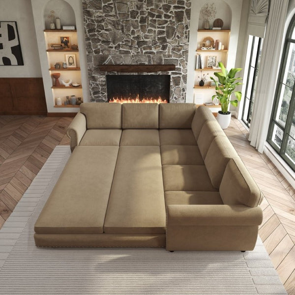 English Elm 118 Inch Chenille Sectional Sleeper Sofa with Nailhead Rolled Arms for Living Room W1885S00261