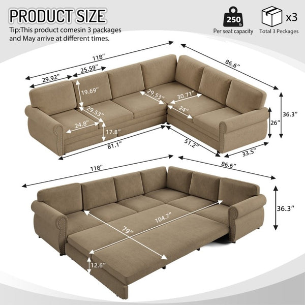 English Elm 118 Inch Chenille Sectional Sleeper Sofa with Nailhead Rolled Arms for Living Room W1885S00261