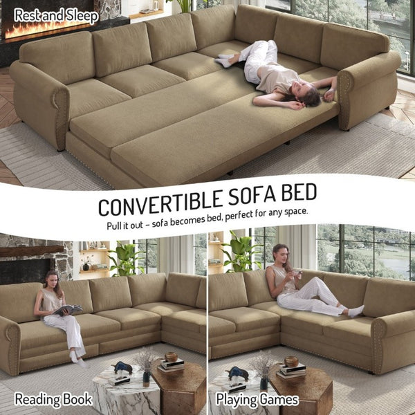 English Elm 118 Inch Chenille Sectional Sleeper Sofa with Nailhead Rolled Arms for Living Room W1885S00261