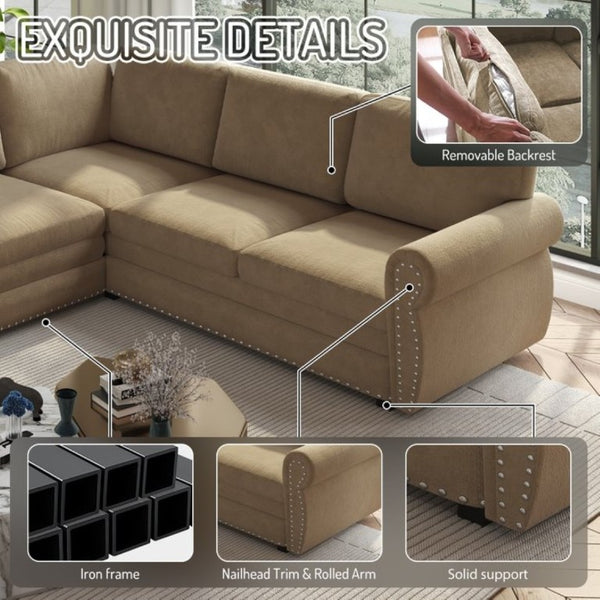 English Elm 118 Inch Chenille Sectional Sleeper Sofa with Nailhead Rolled Arms for Living Room W1885S00261
