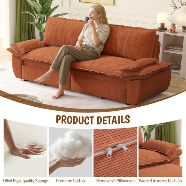 English Elm 73.2 Inch Convertible Corduroy Sleeper Loveseat Sofa with Pull Out Bed for Studio Rooms Orange W1885S00336