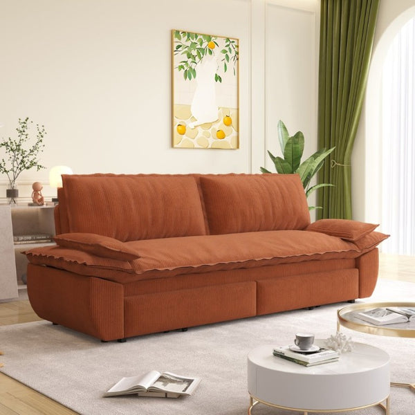 English Elm 73.2 Inch Convertible Corduroy Sleeper Loveseat Sofa with Pull Out Bed for Studio Rooms Orange W1885S00336