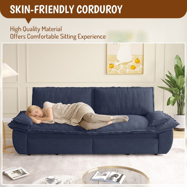 English Elm 73.2 Inch Convertible Corduroy Sleeper Loveseat Sofa with Pull Out Bed for Studio Rooms Blue W1885S00338