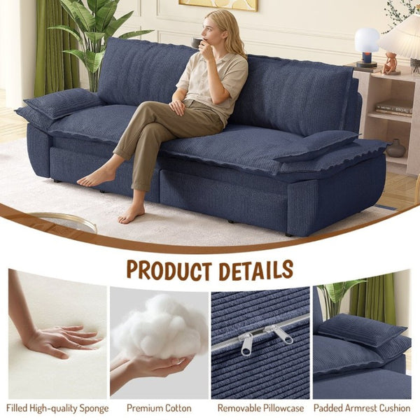 English Elm 73.2 Inch Convertible Corduroy Sleeper Loveseat Sofa with Pull Out Bed for Studio Rooms Blue W1885S00338