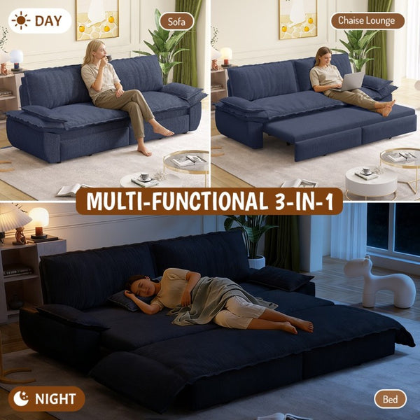English Elm 73.2 Inch Convertible Corduroy Sleeper Loveseat Sofa with Pull Out Bed for Studio Rooms Blue W1885S00338