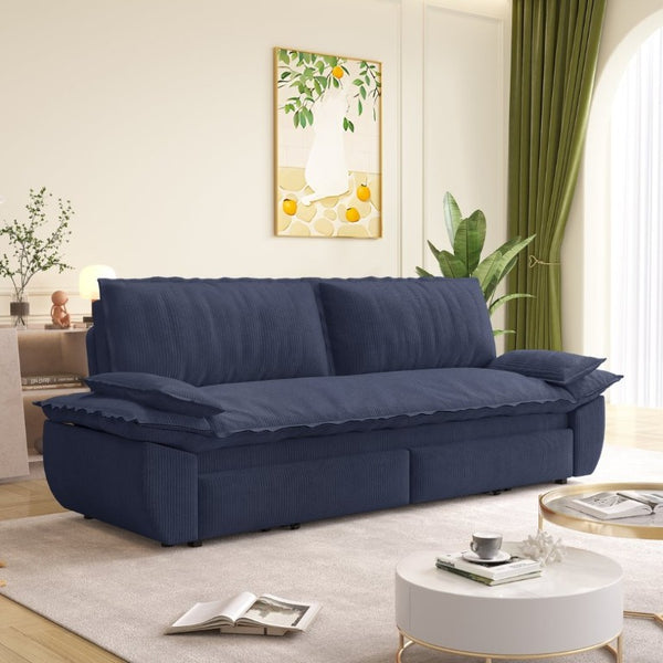 English Elm 73.2 Inch Convertible Corduroy Sleeper Loveseat Sofa with Pull Out Bed for Studio Rooms Blue W1885S00338