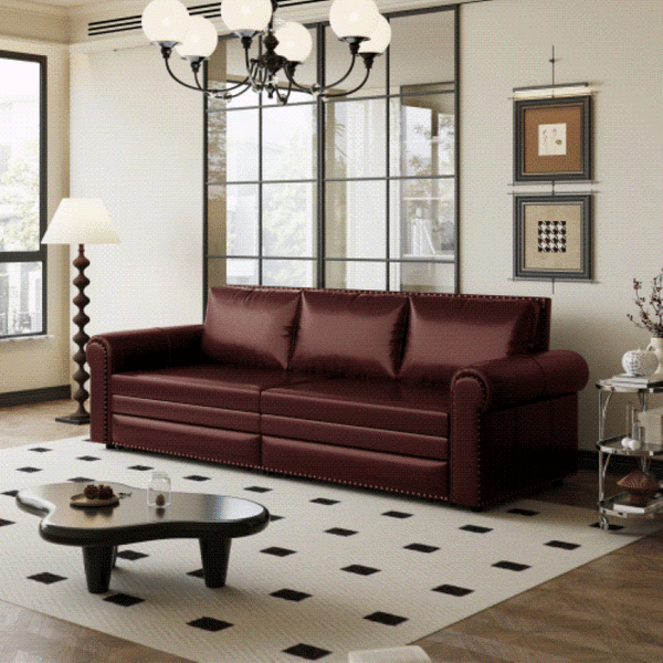 English Elm Chesterfield King Sleeper Sofa Faux Leather Tufted Nailhead Convertible Living Room Bed Burgundy W1885S00361