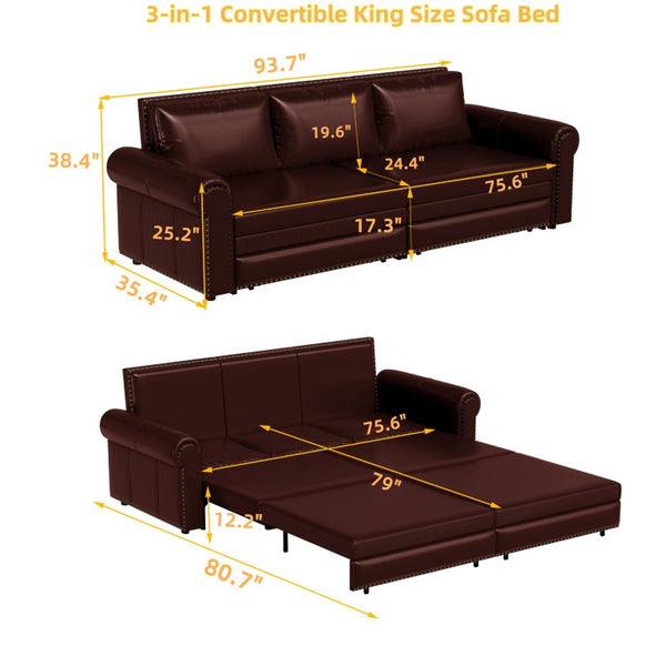 English Elm Chesterfield King Sleeper Sofa Faux Leather Tufted Nailhead Convertible Living Room Bed Burgundy W1885S00361
