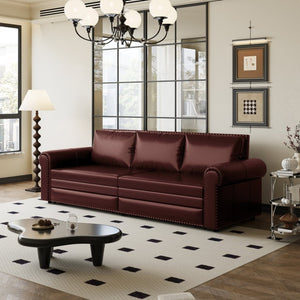 English Elm Chesterfield King Sleeper Sofa Faux Leather Tufted Nailhead Convertible Living Room Bed Burgundy W1885S00361