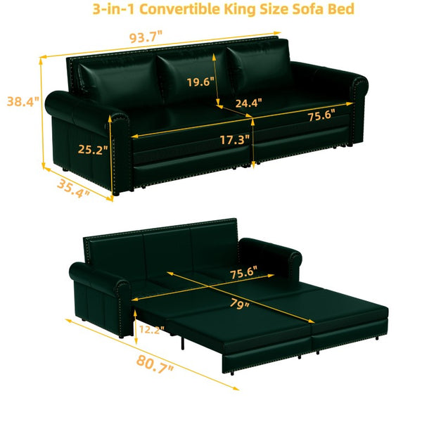 English Elm Chesterfield King Sleeper Sofa Faux Leather Tufted Nailhead Convertible Living Room Bed Green W1885S00364