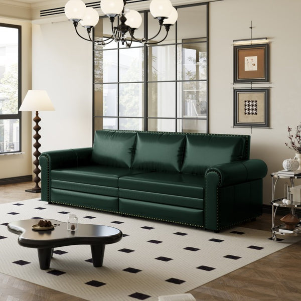 English Elm Chesterfield King Sleeper Sofa Faux Leather Tufted Nailhead Convertible Living Room Bed Green W1885S00364