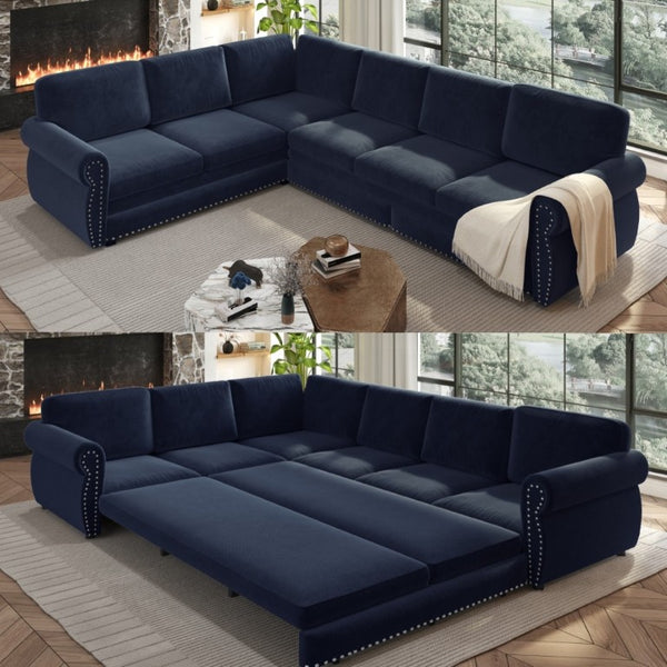 English Elm 118 Inch Oversized Chenille Sectional Sleeper Sofa with Nailhead Trim for Living Room W1885S00369