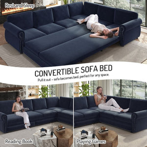English Elm 118 Inch Oversized Chenille Sectional Sleeper Sofa with Nailhead Trim for Living Room W1885S00369