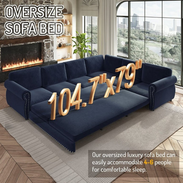 English Elm 118 Inch Oversized Chenille Sectional Sleeper Sofa with Nailhead Trim for Living Room W1885S00369