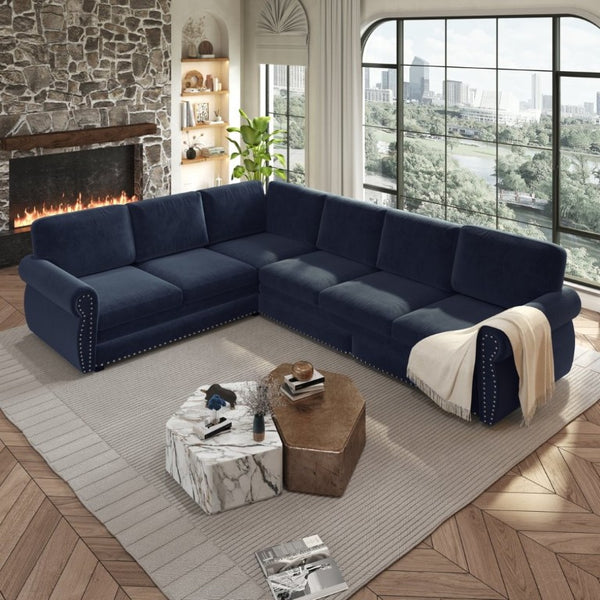 English Elm 118 Inch Oversized Chenille Sectional Sleeper Sofa with Nailhead Trim for Living Room W1885S00369