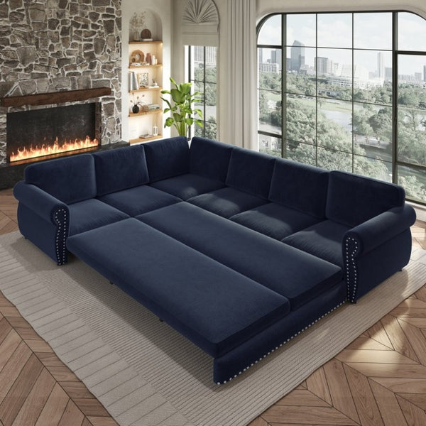 English Elm 118 Inch Oversized Chenille Sectional Sleeper Sofa with Nailhead Trim for Living Room W1885S00369