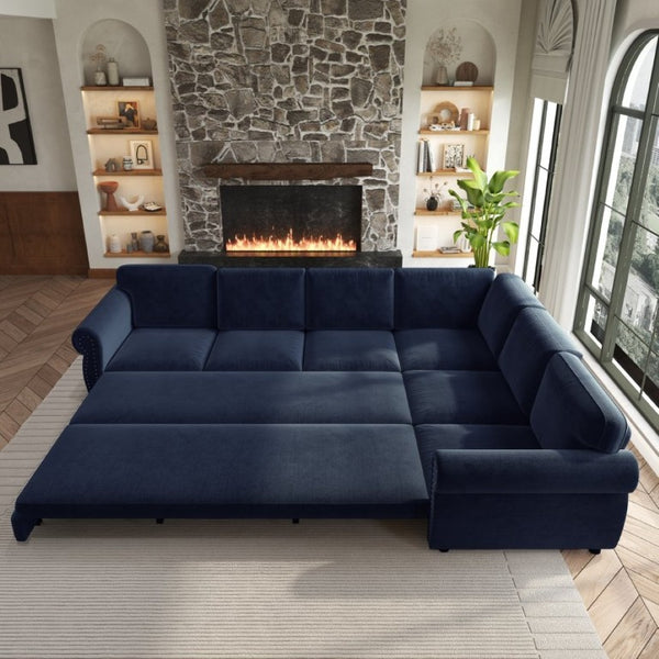 English Elm 118 Inch Oversized Chenille Sectional Sleeper Sofa with Nailhead Trim for Living Room W1885S00369