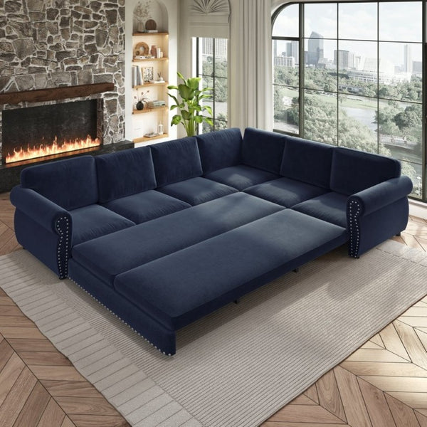English Elm 118 Inch Oversized Chenille Sectional Sleeper Sofa with Nailhead Trim for Living Room W1885S00369