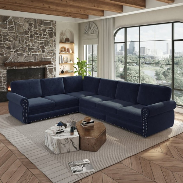 English Elm 118 Inch Oversized Chenille Sectional Sleeper Sofa with Nailhead Trim for Living Room W1885S00369