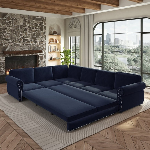 English Elm 118 Inch Oversized Chenille Sectional Sleeper Sofa with Nailhead Trim for Living Room W1885S00369